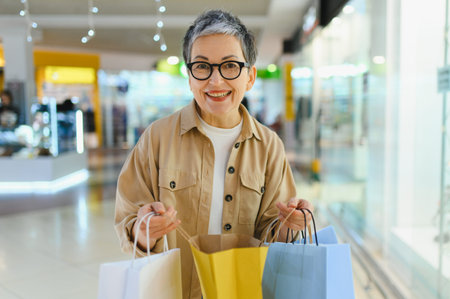 Senior woman smiling, holding colorful shopping bags while walking in a modern mall, enjoying her leisure timeの写真素材