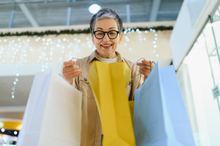 Happy senior woman shopping in a mall, opening a shopping bag with excitement and joy, consumerism and retail conceptの写真素材