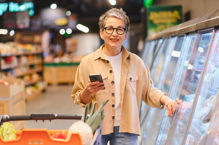 Smiling woman holding a smartphone and pushing a grocery cart while choosing products from a...