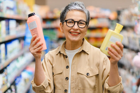 Mature woman smiling, holding two bottles of shampoo or conditioner, making a decision in the personal care aisleの写真素材