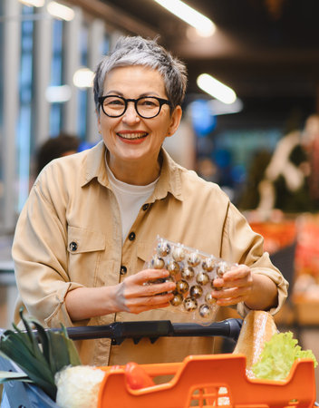 Smiling mature woman holding a carton of eggs and pushing a shopping cart in a grocery store aisleの写真素材