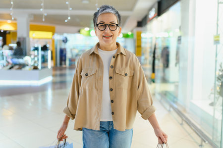 Happy mature woman carrying shopping bags while walking through a bright modern shopping mall, smiling at cameraの写真素材