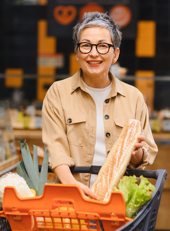 Senior woman smiling while placing a fresh baguette into her shopping cart, buying healthy food at the grocery storeの写真素材