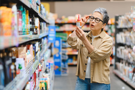 Mature woman checking product ingredients and expiration date while shopping at a grocery store, making informed consumer choicesの写真素材