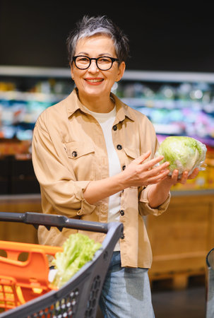 Senior woman shopping for fresh healthy vegetables in a supermarket. She is smiling and holding a head of lettuceの写真素材