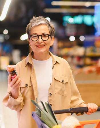 Mature smiling woman with short gray hair and glasses pushes shopping cart in supermarket aisle selecting fresh groceriesの写真素材
