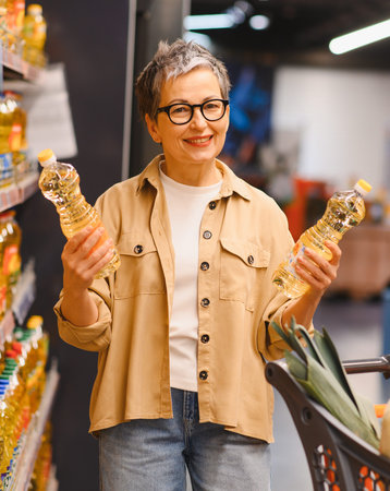Senior woman smiling in supermarket aisle comparing bottles of vegetable oil, choosing healthy cooking options for family budget and wellbeingの写真素材
