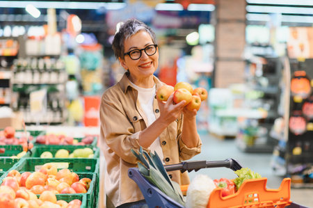 Woman holding apples, smiling while choosing fresh produce in grocery store, making healthy lifestyle choicesの写真素材