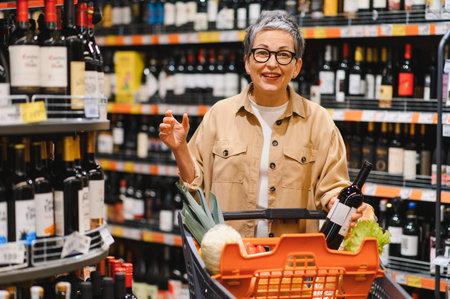 Happy senior woman holding red wine bottle and pushing shopping cart with groceries in a retail store aisleの写真素材
