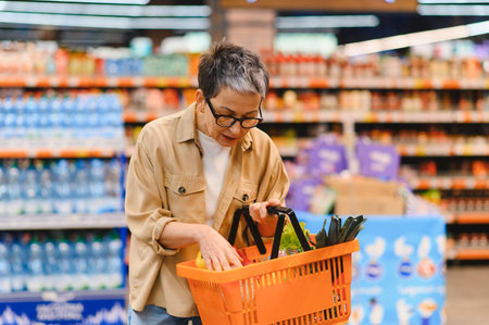 Mature woman placing fresh produce into an orange shopping basket while grocery shopping in a busy supermarket aisleの写真素材