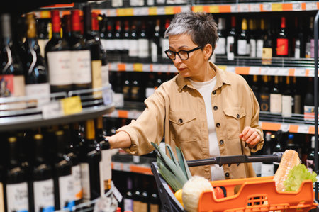 Mature woman shopping for groceries, choosing a bottle of red wine from the supermarket shelf, pushing a cart with fresh vegetablesの写真素材