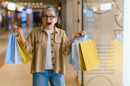 Excited senior woman carrying multiple shopping bags, enjoying a successful retail therapy experience in a modern shopping centerの写真素材