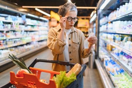 Senior woman shopping groceries in a supermarket, checking her purchase receipt with a worried...
