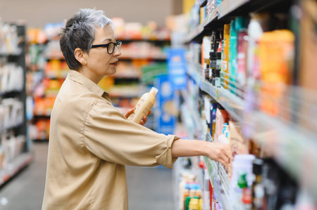 Mature woman choosing personal care products from a brightly lit shelf in a supermarket or pharmacy aisleの写真素材