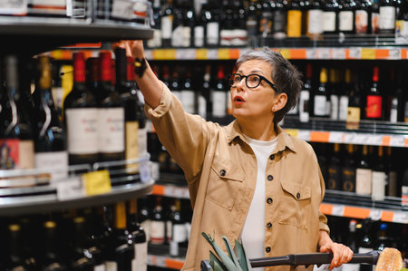 Mature woman with gray hair and glasses shopping for wine, reaching up to a shelf in an aisle of a...