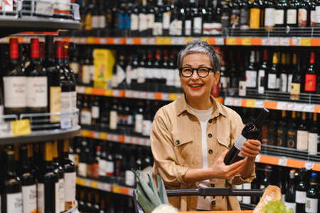 Smiling woman holding a bottle of red wine, standing in the wine aisle of a grocery store with a shopping cartの写真素材