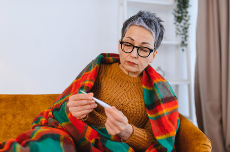 Sick senior woman wrapped in warm plaid blanket, checking her temperature with a thermometer,...