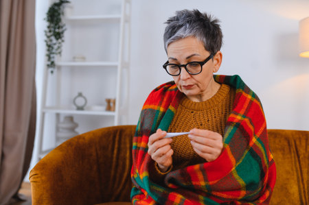 Senior woman wrapped in a warm blanket, sitting on a sofa and looking at a thermometer, experiencing...