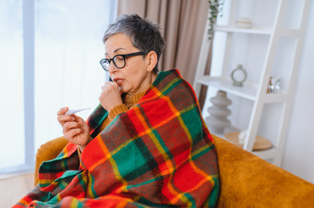 Mature woman feeling unwell and suffering from flu or cold, checking body temperature with a...