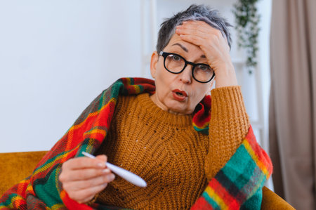 Woman feeling unwell, checking thermometer while having a headache, wrapped in a blanket due to...