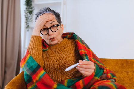 Senior woman experiencing headache and fever, checking her temperature while wrapped in a warm...