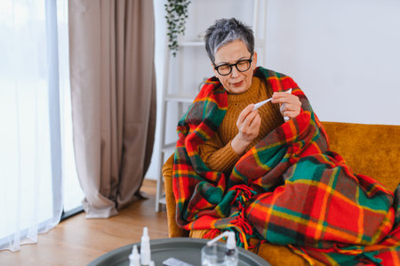 Senior woman feeling unwell with flu symptoms, wrapped in a warm blanket and checking her body temperature at homeの写真素材