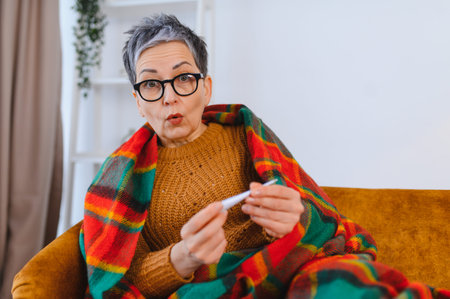 Senior woman feeling sick, wrapped in a blanket on a couch, checking her temperature with a thermometer and showing a surprised expressionの写真素材