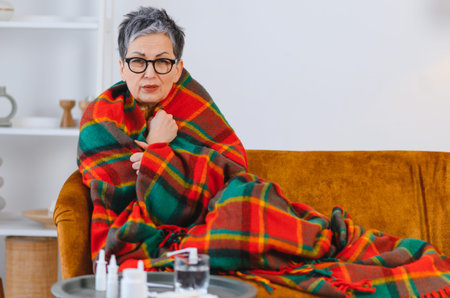 Senior woman sitting on a sofa, feeling sick and cold, wrapped in a plaid blanket with medicine on the tableの写真素材