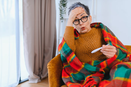 Senior woman suffering from flu, fever, holding a thermometer, wrapped in a blanket, experiencing...