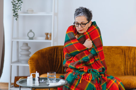 Senior woman feeling unwell with flu symptoms, sitting on couch wrapped in a plaid blanket, feeling cold and shivering at homeの写真素材