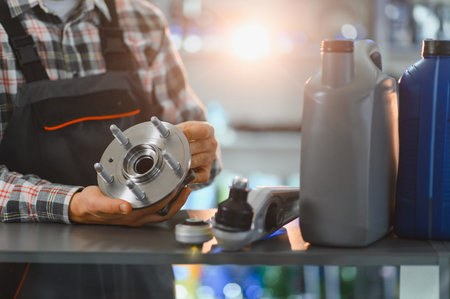 Mechanic worker holding a new wheel hub and other car parts on a workbench. Auto service and vehicle...