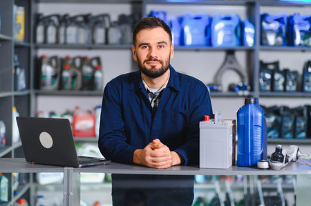 Man working in car parts shop, standing with laptop, battery, and motor oil, offering quality automotive componentsの写真素材