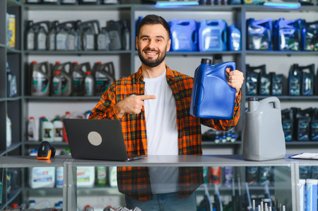 Smiling man pointing at a motor oil bottle, offering car maintenance products at a retail counter with a laptopの写真素材