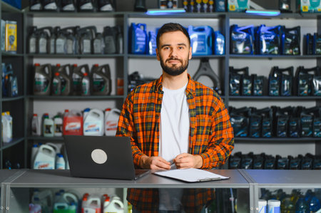 Auto parts seller standing at counter in his shop, managing inventory and online orders with a laptop, smiling at the viewerの写真素材