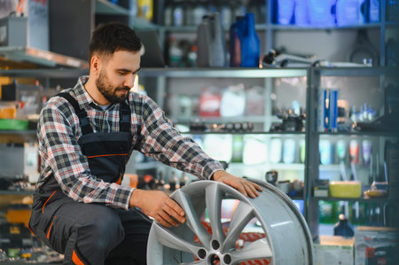Service worker carefully inspecting a new car rim, providing professional automotive repair and maintenance in a shopの写真素材