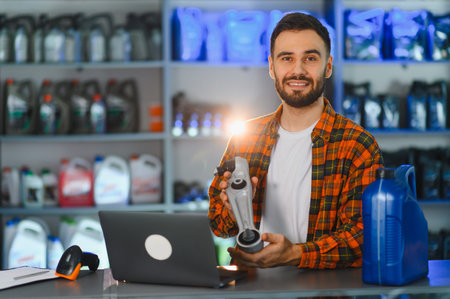Salesman working in car parts shop, holding a suspension part, using a laptop, motor oils on shelves