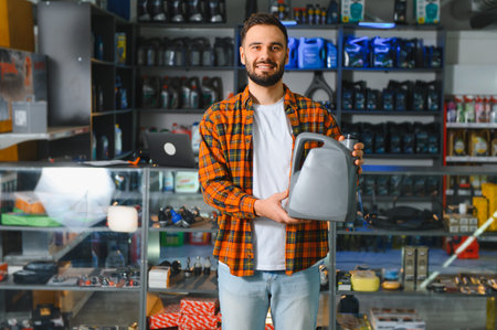 Young man smiling and holding a new motor oil canister in an auto parts store, ready for car maintenance or service purchaseの写真素材