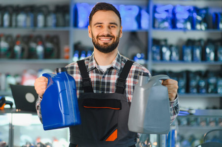 Smiling mechanic presenting different motor oil products, offering choices for car service and...