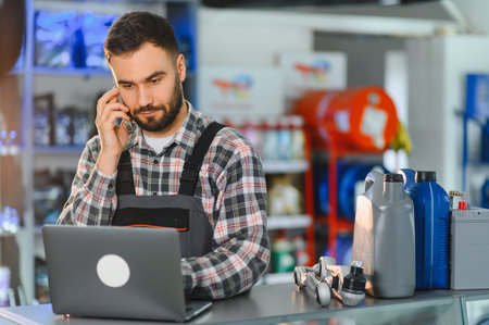 Auto parts store employee working at counter, taking a phone call and using a laptop for customer...