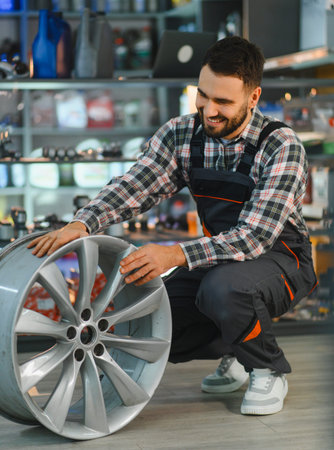 Auto service technician checking new rim for a car. Man working in an automotive repair shop. Retail...