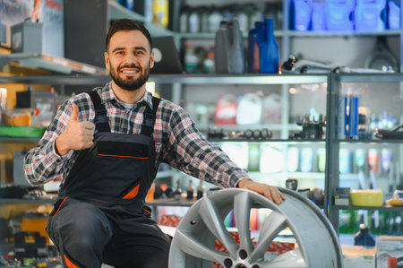 Smiling mechanic wearing uniform and holding an alloy wheel, providing professional car service in an auto shop garageの写真素材