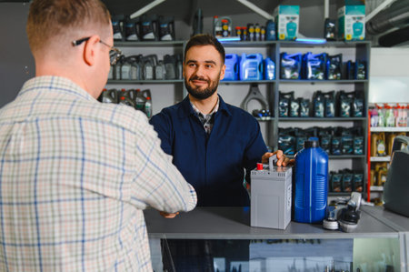 Smiling mechanic or salesman assisting a customer at the counter, offering a car battery and motor...