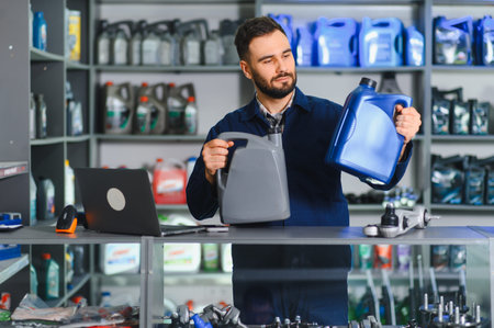Auto mechanic comparing different bottles of engine oil in a workshop or retail store, offering car fluids for maintenanceの写真素材