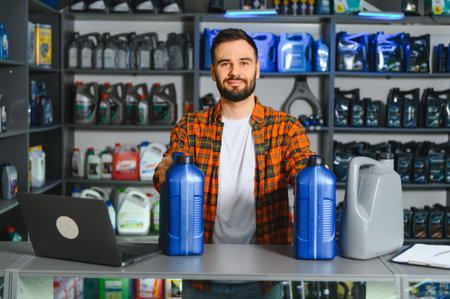 Auto service worker holding car engine oil containers, working at a shop counter with laptops and bottles on shelvesの写真素材