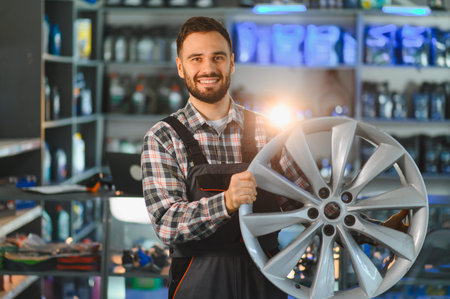 Auto mechanic showing an alloy wheel, smiling in an automotive service or repair shop, showcasing vehicle maintenanceの写真素材
