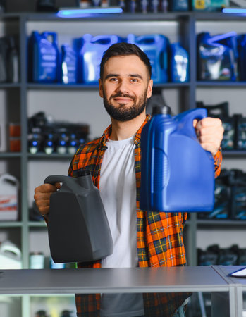 Smiling mechanic or shop worker presenting different motor oil options to a customer for vehicle maintenance and serviceの写真素材