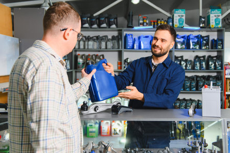 Customer selecting a motor oil bottle from an auto parts store assistant, discussing car maintenance and vehicle serviceの写真素材