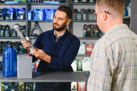 Auto parts seller advising customer on car part durability and selection in an automotive supply...