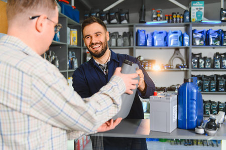 Smiling bearded auto mechanic handing motor oil to a customer at a vehicle repair shop, providing expert serviceの写真素材