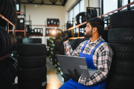 Indian male technician in automotive service workshop using laptop for inventory management,...